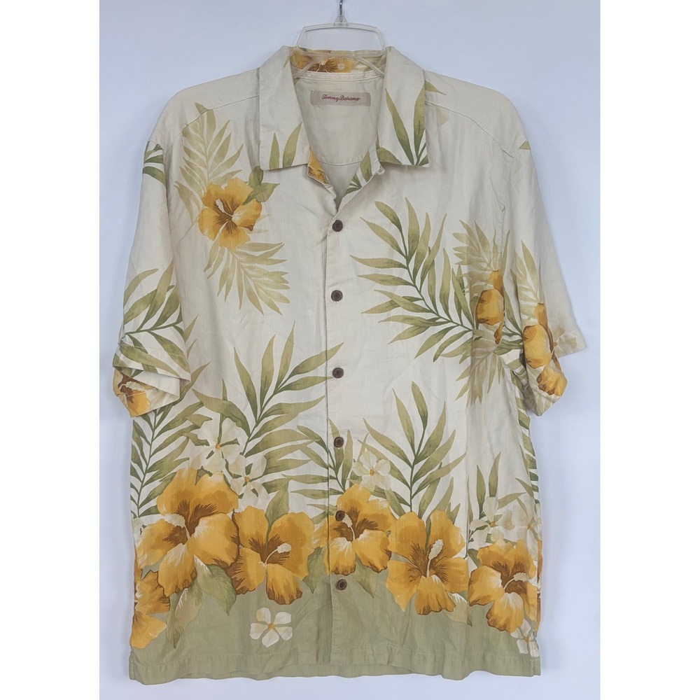 Tommy Bahama Mens Large 100% Silk Camp Shirt Tan Yellow Tropical Hibiscus Floral